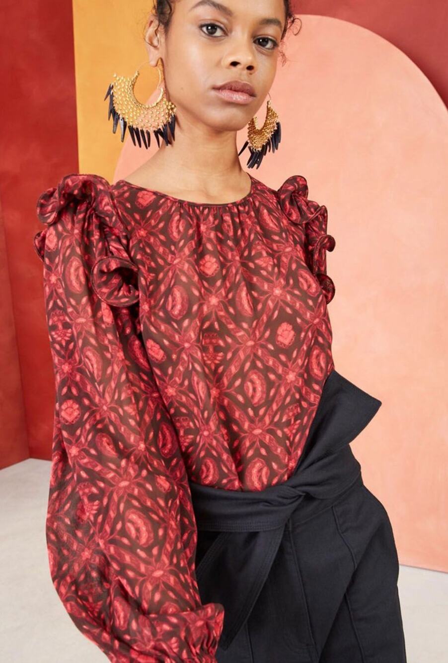 Ulla Johnson Medine Red Patterned Ruffle Silk Blouse US 6
